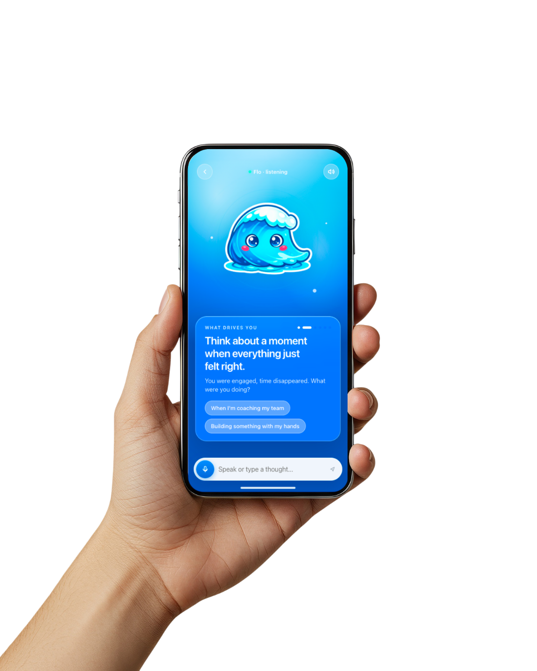 Vocating app visualized on an iPhone held in hand